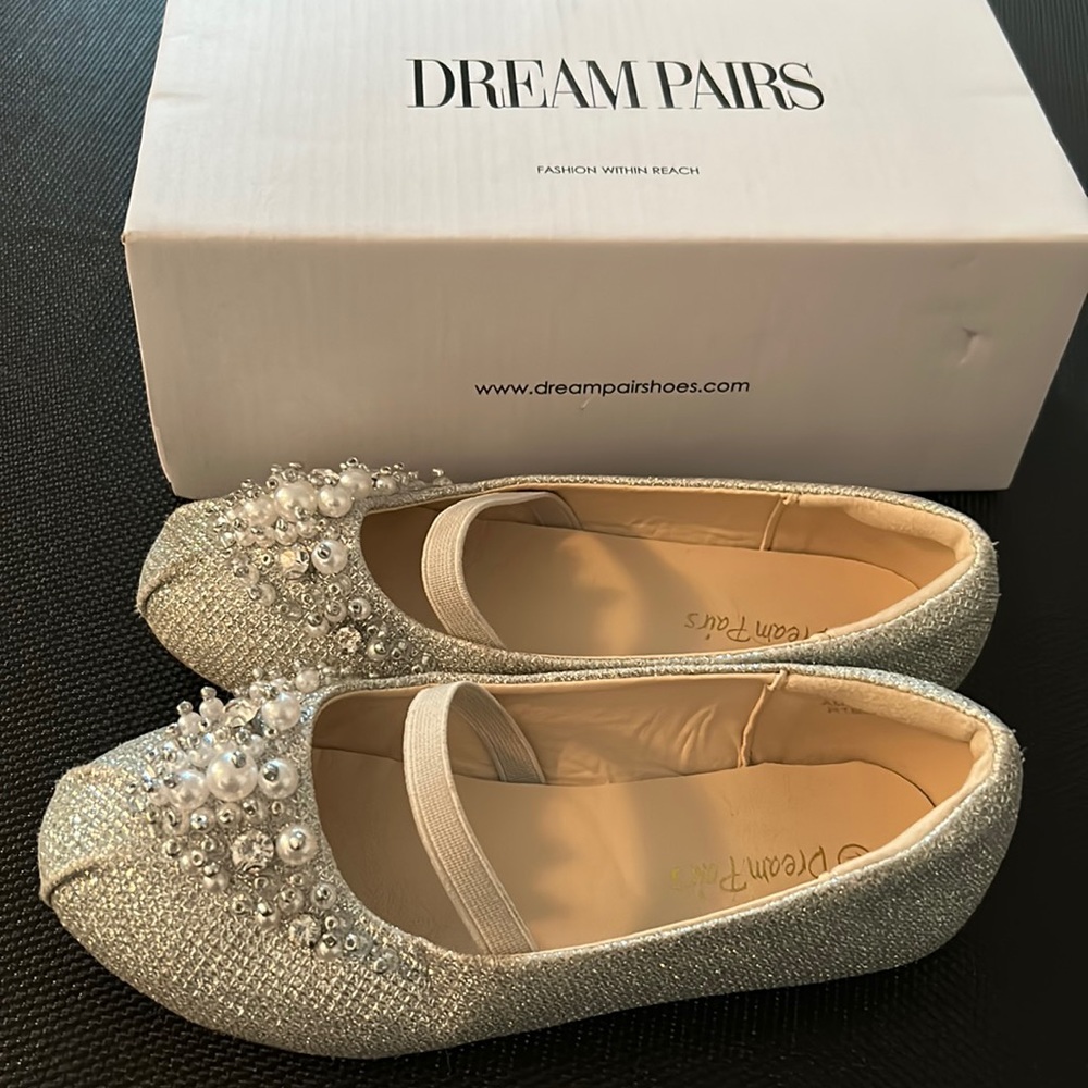 Girls size 12 sparkly silver shoes with bead detail.
